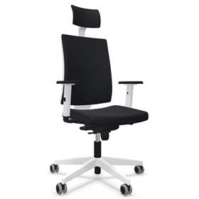Moderner Bürostuhl NAVIGO mit Kopfstütze, Stoffbezug ERA, Farbe Schwarz, Rahmenkonstruktion weiß