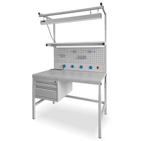 Pracovní stůl KLASIK s horní nástavbou, elektro panelem, LED osvětlením a kontejnerem, 1200x700 mm