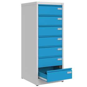 CD und DVD-Metallschrank, 7 Schubladen, HxBxT:1285x505x565 mm, Farbe grau RAL7035 / blau RAL5012
