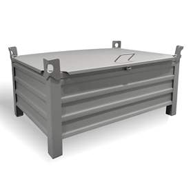 Boxcontainer - container metalic stivuibil de transport cu capac rabatabil, cap. port. 1500 kg, Lxl:1200x800mm, gri RAL7005