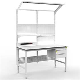 ESD-Arbeitstisch ALFA, mit Schubladen, geteiltem Aufbau und Beleuchtung, 1500 x 700  mm