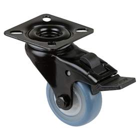 Přístrojové kolečko, otočné s brzdou, běhoun modrý, vidlice černá, pr. 50 mm, s plotýnkou, nosnost 50 kg