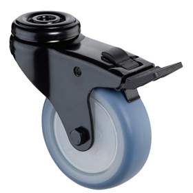 Přístrojové kolečko, otočné s brzdou, běhoun modrý, vidlice černá, pr. 75 mm, s hřbetním otvorem, nosnost 60 kg