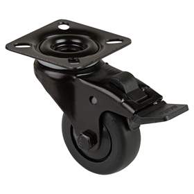 Přístrojové kolečko, otočné s brzdou, běhoun černý, vidlice černá, pr. 50 mm, s plotýnkou, nosnost 50 kg