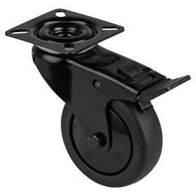 Přístrojové kolečko, otočné s brzdou, běhoun černý, vidlice černá, pr. 75 mm, s plotýnkou, nosnost 60 kg