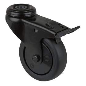 Přístrojové kolečko, otočné s brzdou, běhoun černý, vidlice černá, pr. 75 mm, s hřbetním otvorem, nosnost 60 kg