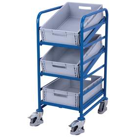 Regalwagen VARIOfit für EURO-Behälter, 3 Etagen aus Winkelstahl mit 3 Behältern, Ladefläche 410x610 mm