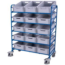 Regalwagen VARIOfit für EURO-Behälter, 5 Etagen aus Winkelstahl mit 15 Behältern, Ladefläche 1240x610 mm