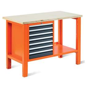 Werkstatt-Tisch TECHNO Light, Breite 1245 mm, 7 Schubladen, Farbe orange RAL2004/anthrazit RAL7016.