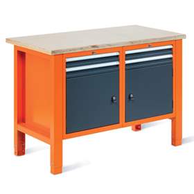 Werkstatt-Tisch TECHNO Light, Breite 1245 mm, 4 Schubladen, 2 Schränke, Farbe orange RAL2004/anthrazit RAL7016.