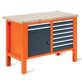 Werkstatt-Tisch TECHNO Light, Breite 1245 mm, 9 Schubladen, 1 Schrank, Farbe orange RAL2004/anthrazit RAL7016.