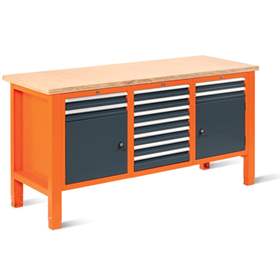 Werkstatt-Tisch TECHNO Light, Breite 1765 mm, 11 Schubladen, 2 Schränke, Farbe orange RAL2004/anthrazit RAL7016.