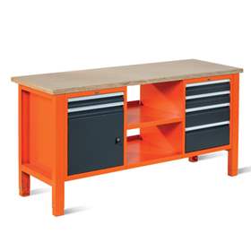 Werkstatt-Tisch TECHNO Light, Breite 1765 mm, 6 Schubladen, 1 Schrank, Farbe orange RAL2004/anthrazit RAL7016.