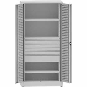 Werkstattschrank mit Lochplatten, 2 Fachböden, 5 Schubladen, HxBxT: 1950x950x500 mm, Lichtgrau RAL7035