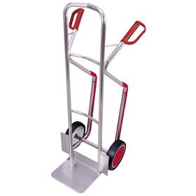 Alu-Sackkarre VARIOfit, Kunststoffgleitkufen, Tragfähigkeit 200 kg, Schaufel 320 x 250 mm, Vollgummibereifung