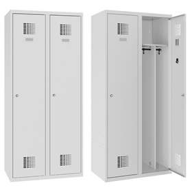 Garderobenschrank WEMO, geschweißt, 2 x 400 mm, Türfarbe Grau RAL7035, ohne Füße, Dreipunkt-Zylinderschloss