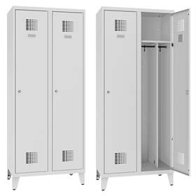Dulap metalic pentru vestiar, sudat, 2 x 400 mm, uși gri RAL7035, cu picioare, încuietoare tip zăvor rotativ cu blocare în 3 puncte