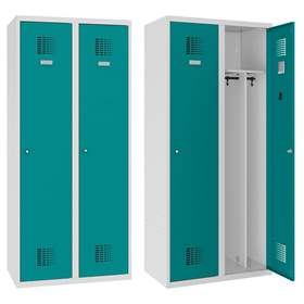 Garderobenschrank WEMO, geschweißt, 2 x 400 mm, Türfarbe Türkisblau RAL5018, ohne Füße, Dreipunkt-Zylinderschloss