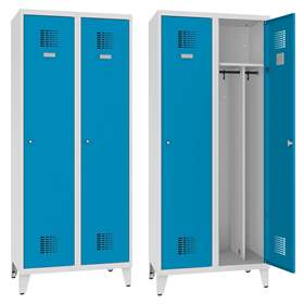 Garderobenschrank WEMO, geschweißt, 2 x 400 mm, Türfarbe Blau RAL5012, mit Füßen, Drehriegelverschluss mit Dreipunktverriegelung