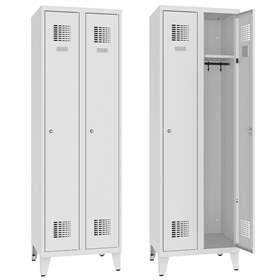 Garderobenschrank WEMO, geschweißt, 2 x 300 mm, Türfarbe Grau RAL7035, mit Füßen, Dreipunktriegel für Hängeschloss