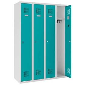 Dulap metalic pentru vestiar, sudat, WEMO, 4 x 300 mm, uși verzi RAL5018, fără picioare, închidere 3 puncte, încuietoare cilindrică