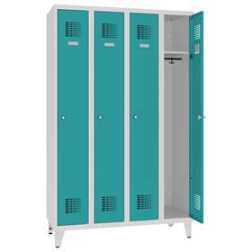 Dulap metalic pentru vestiar, sudat, WEMO, 4 x 300 mm, uși verzi RAL5018, cu picioare, încuietoare cilindrică cu blocare în 3 puncte