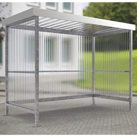 Raucherunterstand, Rück- und zwei Seitenwände aus gewelltem PVC, Dach aus Trapezblech, H x B x T: 2360x2960x1580 mm