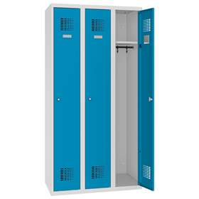 Dulap metalic pentru vestiar, sudat, WEMO, 3 x 300 mm, uși albastre RAL5012, fără picioare, închidere 3 puncte, încuietoare cilindrică