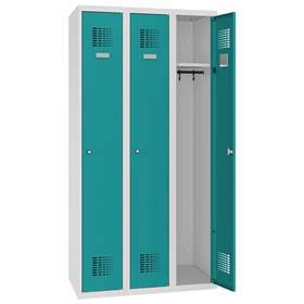 Dulap metalic pentru vestiar, sudat, WEMO, 3 x 300 mm, uși verzi RAL5018, fără picioare, închidere 3 puncte, încuietoare cilindrică