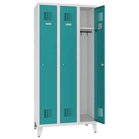 Dulap metalic pentru vestiar, sudat, WEMO, 3 x 300 mm, uși verzi RAL5018, cu picioare, încuietoare cilindrică cu blocare în 3 puncte
