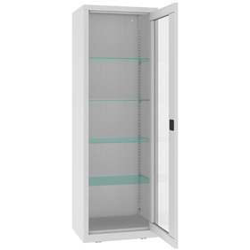 Apothekerschrank aus Stahl mit verglasten einflügeligen Türen, Glasböden, BxHxT: 600x1800x435 mm, Farbe Grau RAL7035
