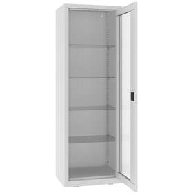 Kovová skříň s prosklenými dveřmi, kovové police, jednokřídlé dveře, š x h x v: 600x435x1800 mm, barva šedá RAL7035