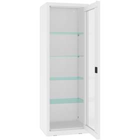 Apothekerschrank aus Stahl mit verglasten einflügeligen Türen, Glasböden, BxHxT: 600x1800x435 mm, Farbe Weiß RAL9010