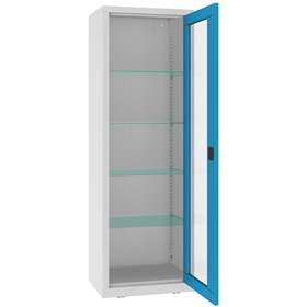 Apothekerschrank aus Stahl mit verglasten einflügeligen Türen, Glasböden, BxHxT: 600x1800x435 mm, Türfarbe Blau RAL5012