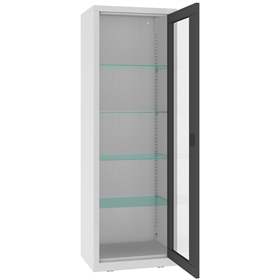 Apothekerschrank aus Stahl mit verglasten einflügeligen Türen, Glasböden, BxHxT: 600x1800x435 mm, Türfarbe Anthrazit RAL7016