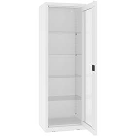 Dulap metalic cu ușă batantă cu geam, poliţe metalice, L x l x h : 600x435x1800 mm, albă RAL9010