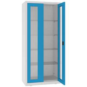 Kovová skříň s prosklenými dveřmi, kovové police, dvoukřídlé dveře, š x h x v: 800x435x1800 mm, barva dveří modrá RAL5012