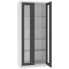 Kovová skříň s prosklenými dveřmi, kovové police, dvoukřídlé dveře, š x h x v: 800x435x1800 mm, barva dveří antracitová RAL7016