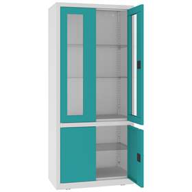 Oceľová skriňa, horné dvere presklené, dolné plné, kovové police, dvojkrídlové dvere, š x v x h: 800x1800x435 mm, farba dverí zelená RAL5018