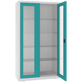 Kovová skříň s prosklenými dveřmi, kovové police, dvoukřídlé dveře, š x h x v: 1000x435x1800 mm, barva dveří zelená RAL5018