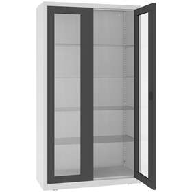 Kovová skříň s prosklenými dveřmi, kovové police, dvoukřídlé dveře, š x h x v: 1000x435x1800 mm, barva dveří antracitová RAL7016