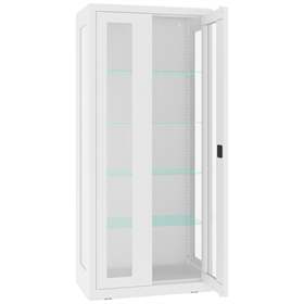 Apothekerschrank aus Stahl mit verglasten zweiflügeligen Türen und Seitenwände, Glasböden, BxHxT: 800x1800x435 mm, Farbe Weiß RAL9010