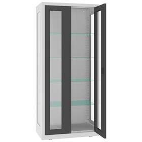 Apothekerschrank aus Stahl mit verglasten zweiflügeligen Türen und Seitenwände, Glasböden, BxHxT: 800x1800x435 mm, Türfarbe Anthrazit RAL7016