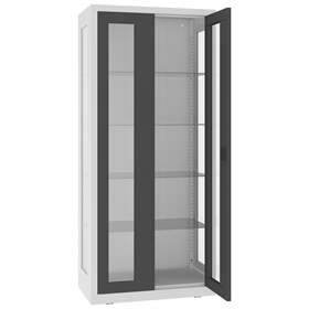 Kovová skříň s prosklenými dveřmi i boky, kovové police, dvoukřídlé dveře, š x h x v: 800x435x1800 mm, barva dveří antracitová RAL7016