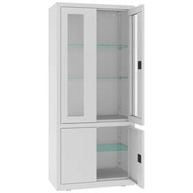 Apothekerschrank aus Stahl, obere zweiflügeligen Türen verglast, untere massiv, Glasböden, BxHxT: 800x1800x435 mm, Farbe Grau RAL7035