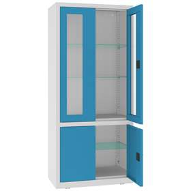 Apothekerschrank aus Stahl, obere zweiflügeligen Türen verglast, untere massiv, Glasböden, BxHxT: 800x1800x435 mm, Türfarbe Blau RAL5012