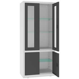 Apothekerschrank aus Stahl, obere zweiflügeligen Türen verglast, untere massiv, Glasböden, BxHxT: 800x1800x435 mm, Türfarbe Anthrazit RAL7016