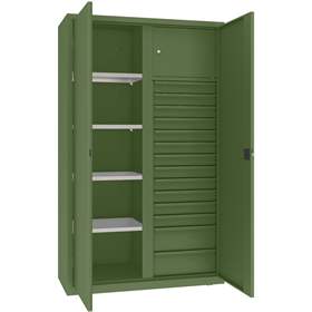 Werkstattschrank mit vertikaler Trennwand, 4 Fachböden, 14 Schubladen, HxBxT: 1990x1200x500 mm, Farbe grün RAL6011
