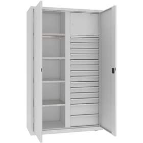 Werkstattschrank mit vertikaler Trennwand, 4 Fachböden, 14 Schubladen, HxBxT: 1990x1200x500 mm, Farbe grau RAL7035