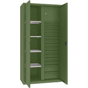 Werkstattschrank mit vertikaler Trennwand, 4 Fachböden, 14 Schubladen, HxBxT: 1990x1000x500 mm, Farbe grün RAL6011
